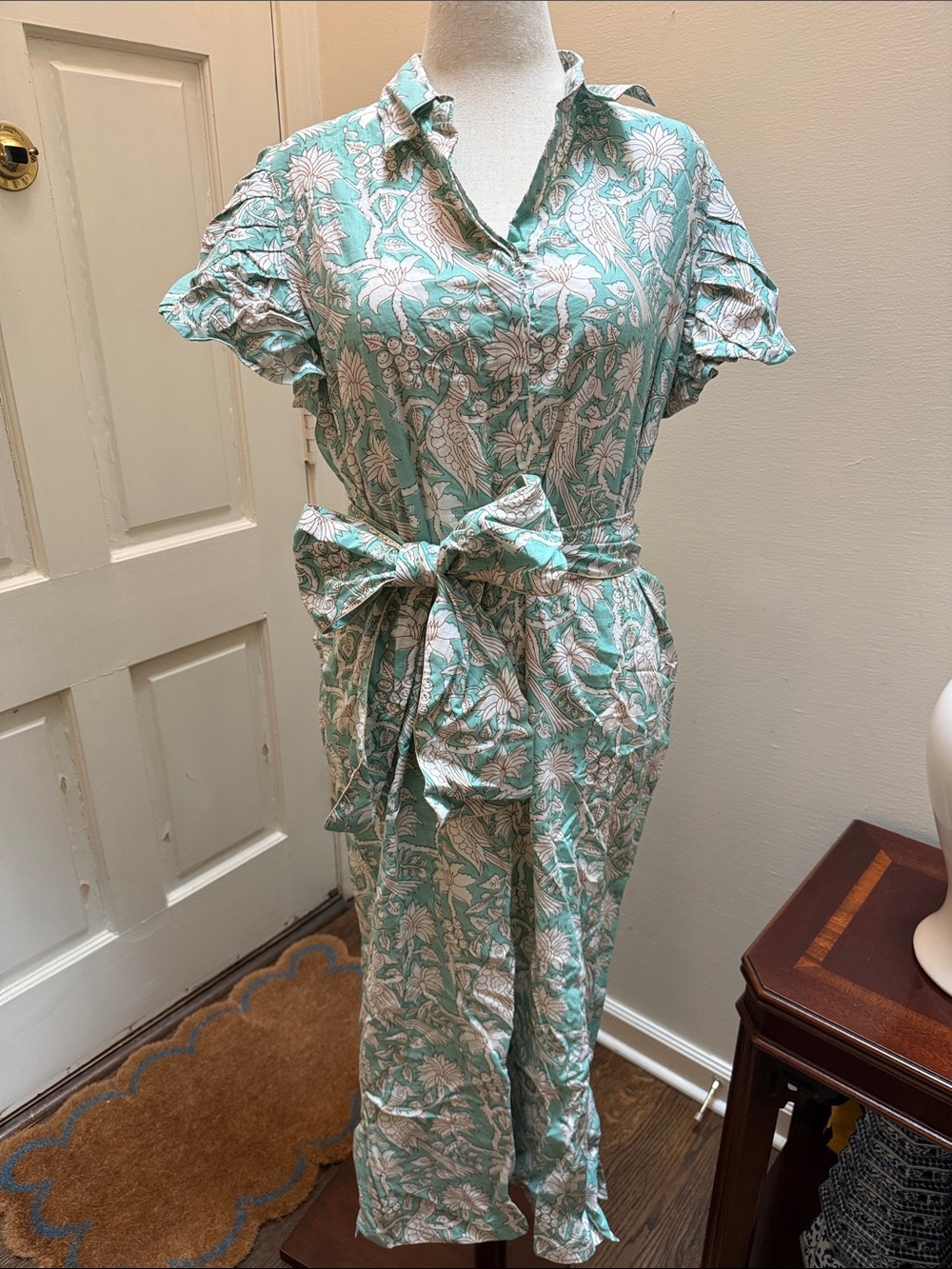 Floral Print Mint Green Maxi Dress with Tie Waist
